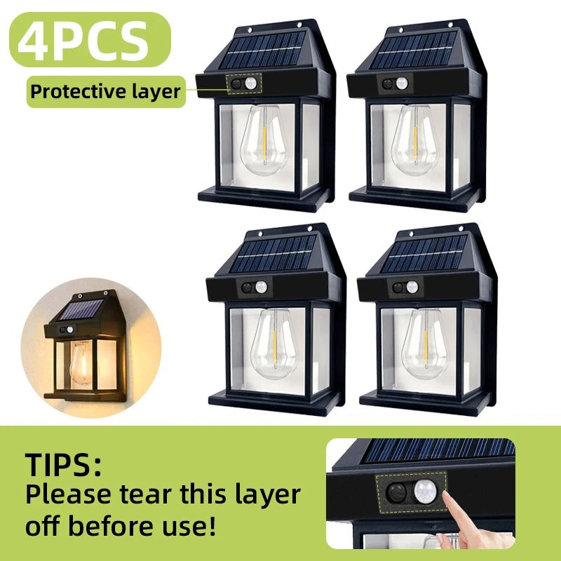 Outdoor solar tungsten filament with motion sensor smart lighting for patio porch deck garage street emergency wall night light