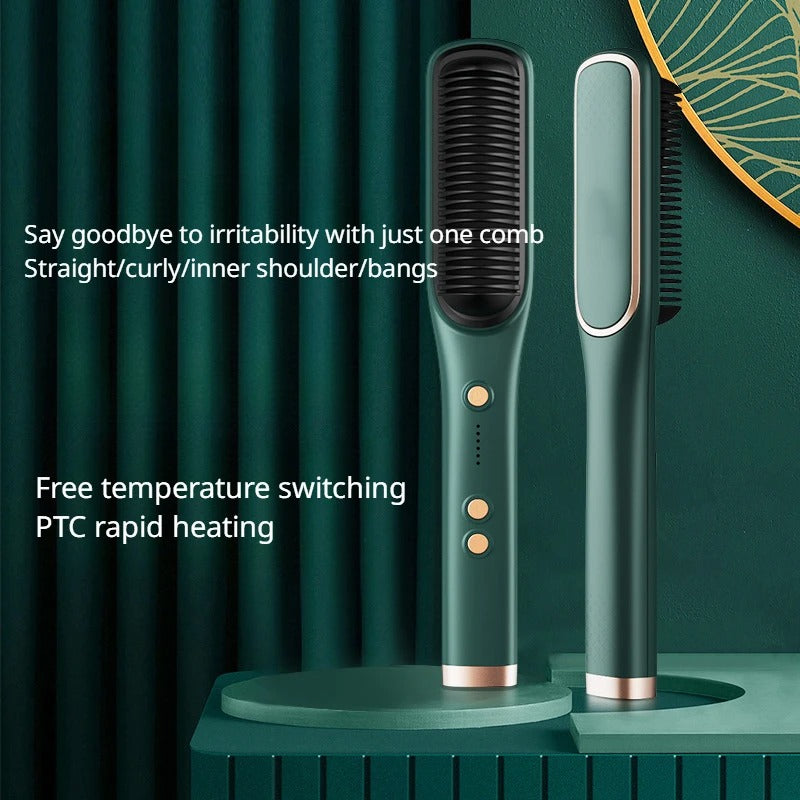 2-in-1 Heated Styling Brush and Curler, 5 Temperature Settings, Portable Electric Hair Straightener Fast Heating and Anti-Scald