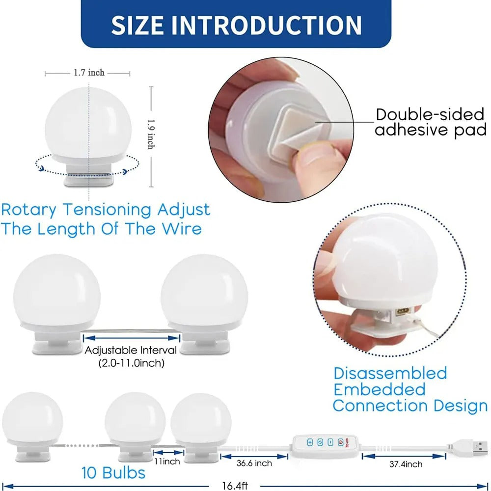 Makeup Vanity Mirror Light Stick On Professional Adjustable 3 Colors LED USB Bulbs String Stepless Dimmable Lamp