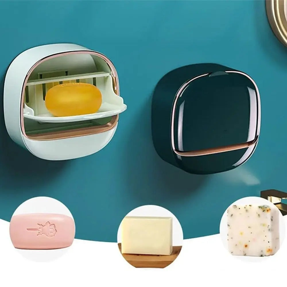 Fashion with Drainage Box Soap Dish Punch-Free Flip Bathroom Drain Soap Box Wall Mounted Waterproof Soap Holder