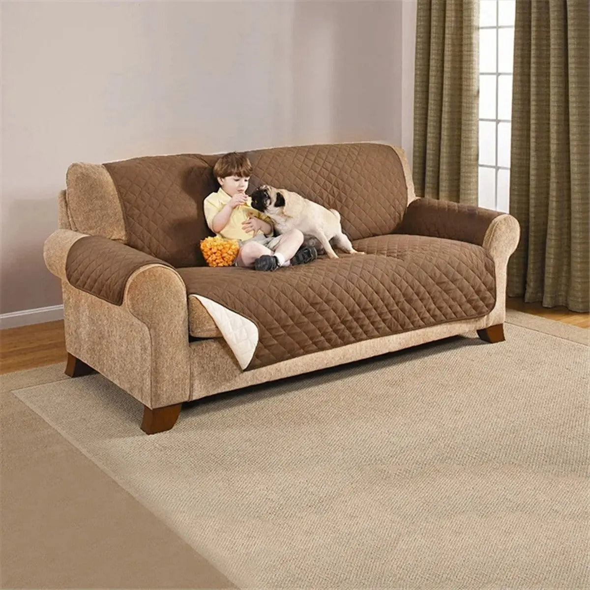 (Double SofaR COVER) EVERSIBLE WASHABLE COUCH Sofa COAT COVER - Brown